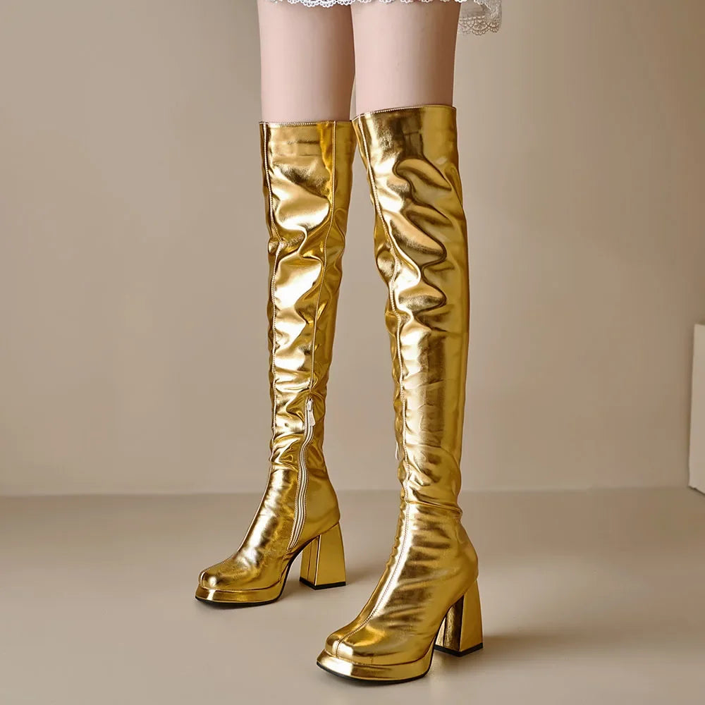 Winter Block High Heels Metallic Zipper Boots