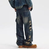 Vintage Distressed Cutting Wide Leg Denim Jeans