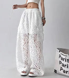 Women Solid Color Lace Hollow Wide Leg Pants