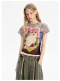 Women Retro Cat Print Short Sleeve T-Shirt