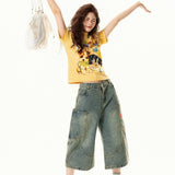 Retro Yellow Printed Slimming Short Sleeve T-Shirt