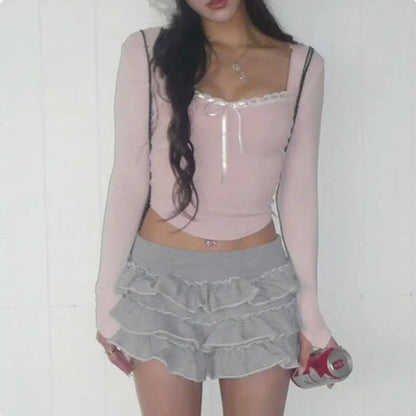 Blush Elegance Lace Crop T-shirt
