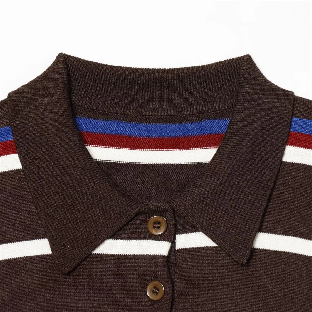 Academy Style Retro Striped Knit Polo Sweater