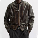 Winter Loose Fit Retro Brown Leather Race Jacket