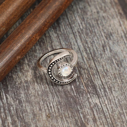 Moonstone Carving Silver Adjustable Ring