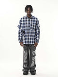 Long-sleeve Star Patch Lapel Plaid Shirt