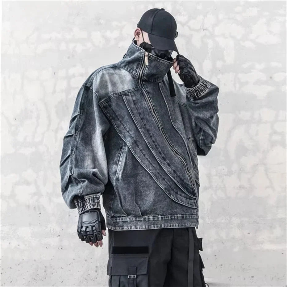 Blue Irregular Zipper Denim Jacket