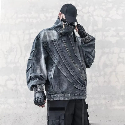 Blue Irregular Zipper Denim Jacket