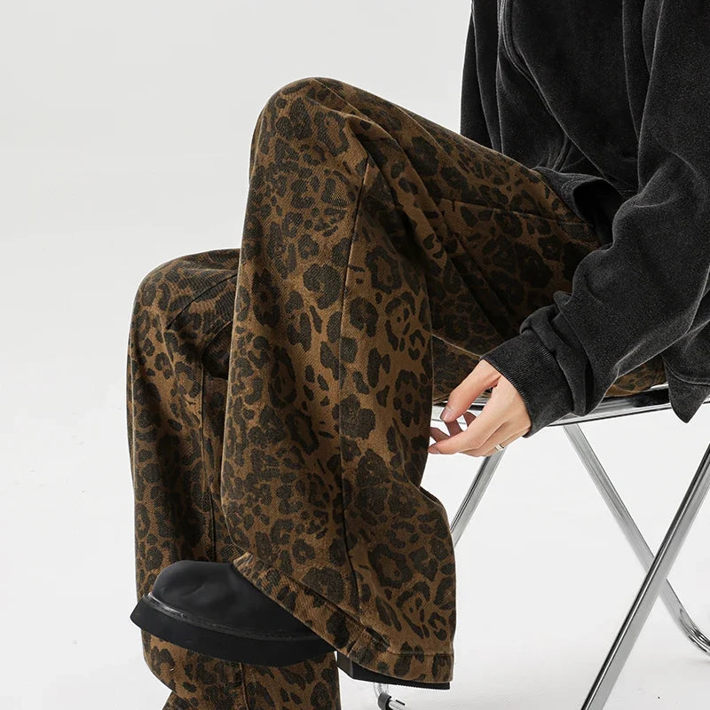 Streetwear Leopard Print Wide Leg Denim Jeans