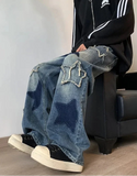 Embroidered Star Patchwork Wide Leg Jeans