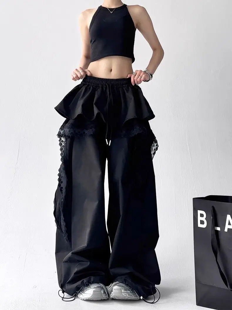 Contrasting Color Patchwork Lace Wide Pants