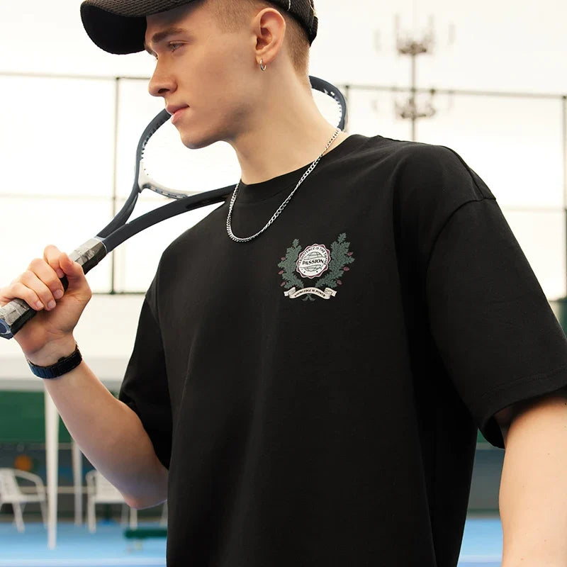 Model wearing the black Passionate Threads T-Shirt