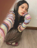 Y2K Women Rainbow Striped Turtleneck Sweater