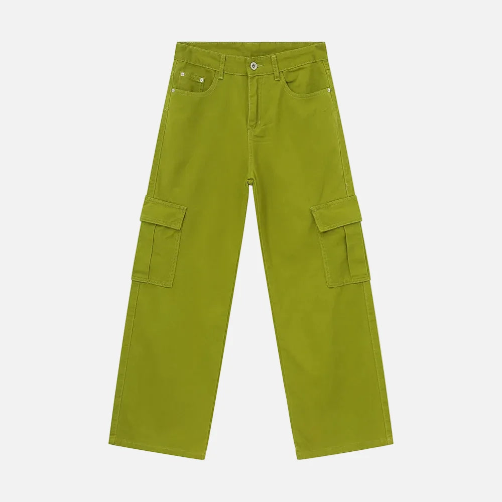 Trendy Solid Color Washed Denim Cargo Jeans