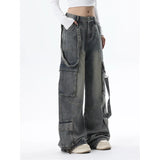 Women Gray High Waist Wide Leg Blue Baggy Jeans