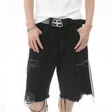 Side-Striped Ripped Denim Shorts