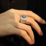 Blue Stone Leaf Flower Silver Ring