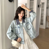 Women Retro Grid Splicing Denim Jacket