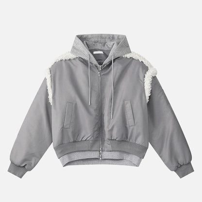 Stylish Patchwork Frayed Hooded Baseball Jacket
