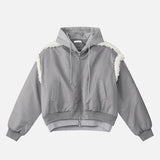 Stylish Patchwork Frayed Hooded Baseball Jacket