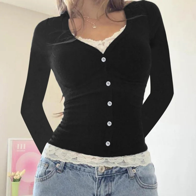 Model wearing the black Knit Lace Corset Top