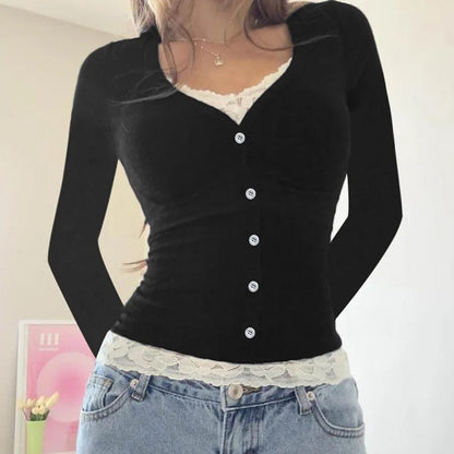 Model wearing the black Knit Lace Corset Top