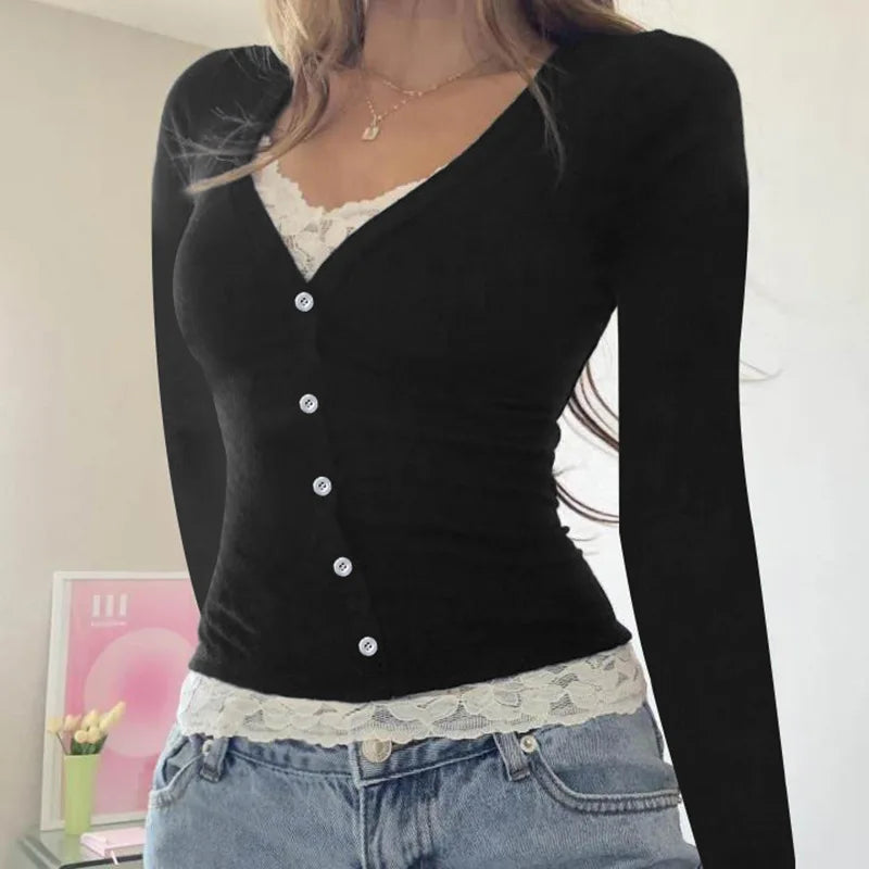 Model wearing the black Knit Lace Corset Top