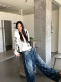 Blue Oversized Letter Print Wide Leg Jeans
