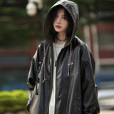 Chic Black PU Leather Hooded Zipper Jacket