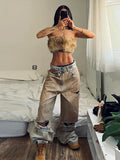 Women Retro Distressed Wide Leg Ripped Jeans