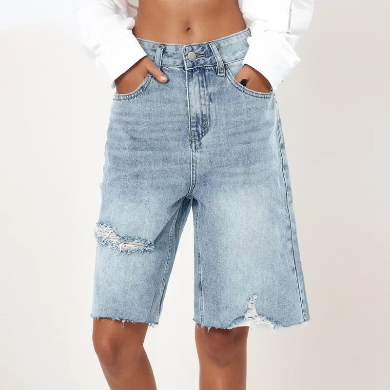 Women High Waist Raw Hem Denim Short
