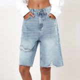 Women High Waist Raw Hem Denim Short