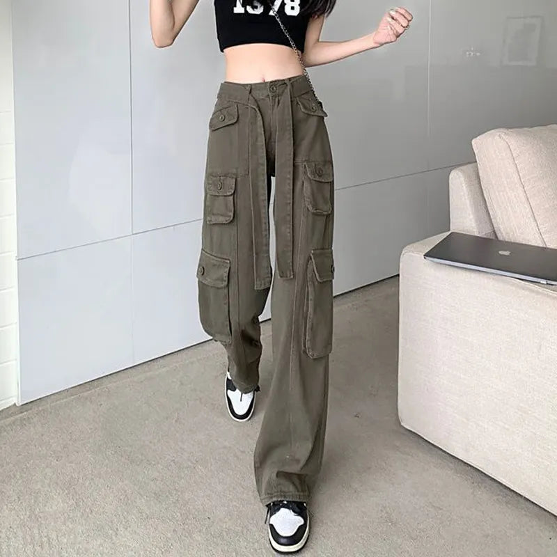 Wide-leg Belt Cargo Pants