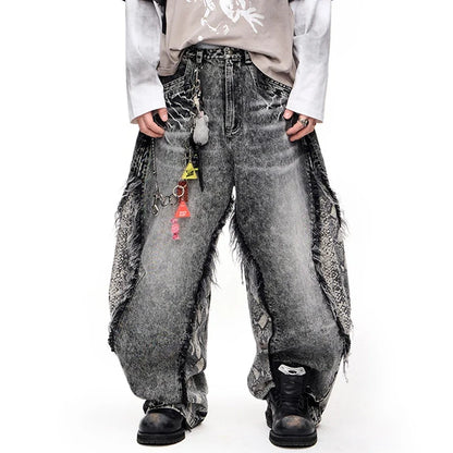 Men Classic Cut Burr Patchwork Baggy Jeans