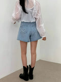 Denim Sky Blue Heart Embroidery Shorts