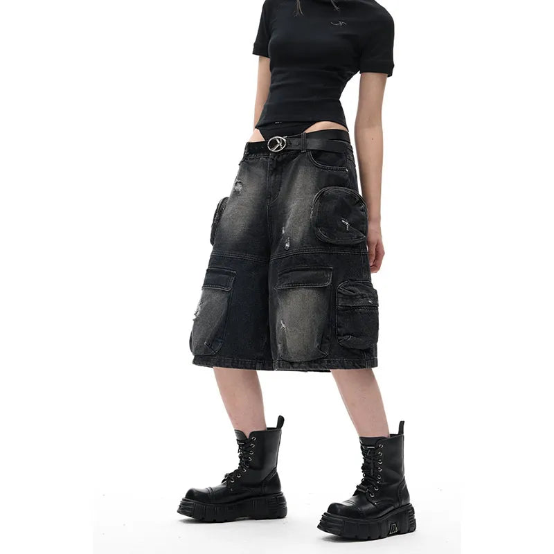 Streetwear Casual High Waist Black Vintage Denim Jorts