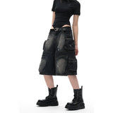 Streetwear Casual High Waist Black Vintage Denim Jorts