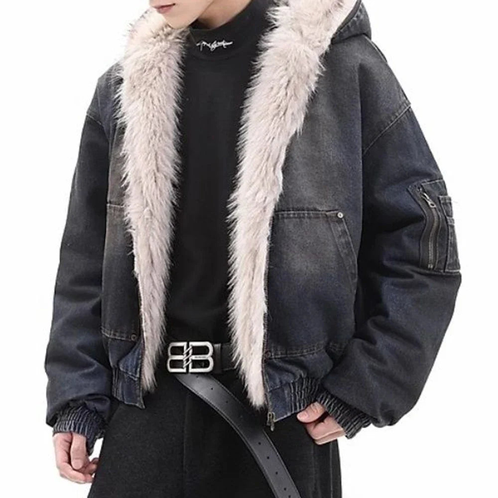 Winter Thickened Furry Hooded Denim Jacket