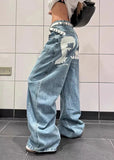 Japanese Style Printing Wide Leg Denim Jeans