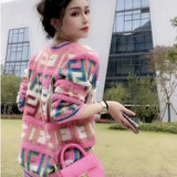 Pink French Retro Plaid V-Neck Cardigan