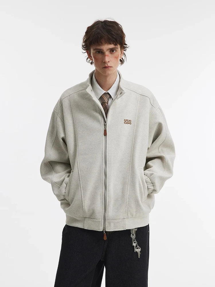 Oatmeal Melange Minimalist Stand Collar Bomber Jacket