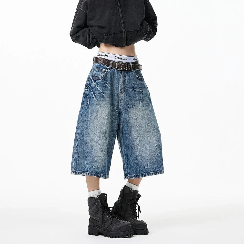 Lightning Pattern Loose Fit Casual Denim Jorts