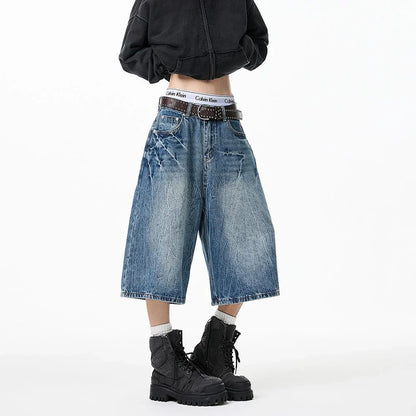 Lightning Pattern Loose Fit Casual Denim Jorts