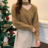 Model wearing the khaki Off Shoulder Christmas Sweater