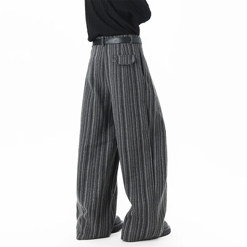 Striped Solid Color Woolen Pleated Wide Leg Pants