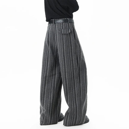 Striped Solid Color Woolen Pleated Wide Leg Pants