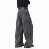 Striped Solid Color Woolen Pleated Wide Leg Pants