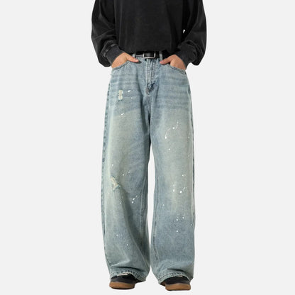 Japanese Style Washed Splatter Relaxed Fit Jeans