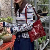 Stylish Retro Print Red Leather Tote Bag