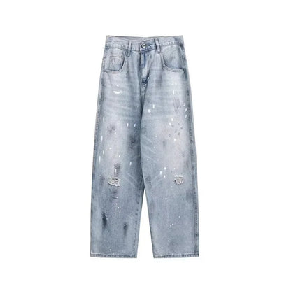 Ripped Baggy Graffiti Printed Denim Jeans
